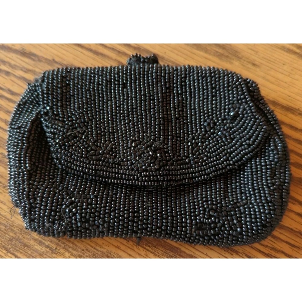 Antique Black Beaded Coin Medicine‎ Makeup Purse Ornate Handmade In Belgium